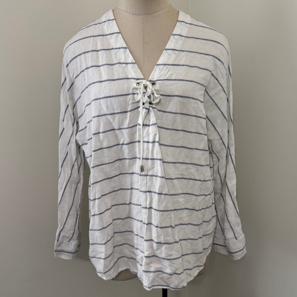 Rails Small Lily Top Positano Stripe Linen White & Blue Lace Up Nautical Classic
